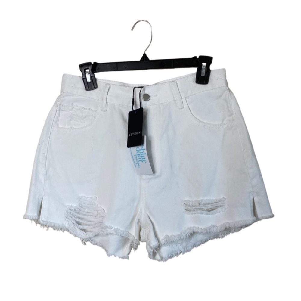 NWT! Heyson Gracie White Ripped High Rise Frayed Hem Jean Denim Shorts Large